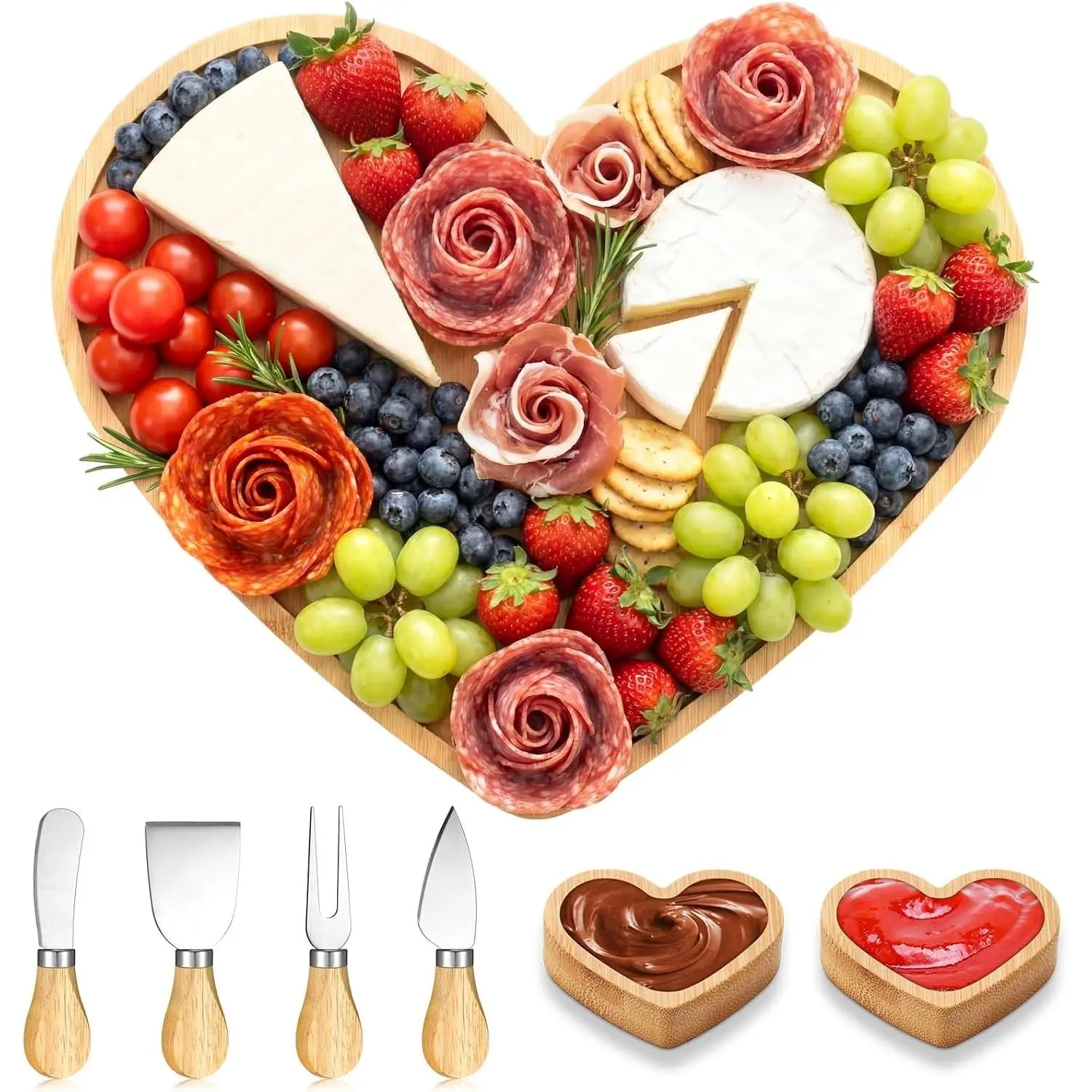 Heart Charcuterie Boards Set Large Heart Platter and Knife Set Cheese Fruit Cracker Charcuterie Boards Serving Tray Platter Plate for Baby Christening Wedding Bridal Shower Decoration