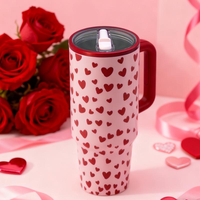 Auracup 1 Pc 40oz double wall stainless steel insulated mug vacuum cup with handle, leak proof travel tumbler, keeps hot 12 hours and cold 24 hours, pink heart pattern, gift for women, girlfriend wife, Valentine anniversary, Leak Resistant Tumbler