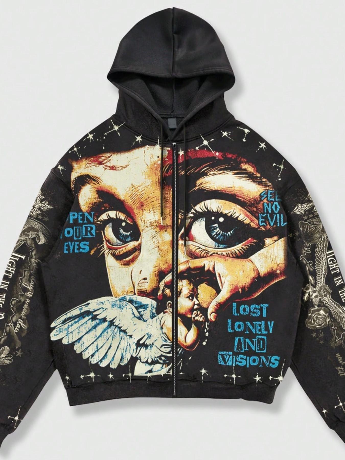 Vintage Graphite Zip-Up Hoodie Angel Print, Casual Print Hoodie, Unisex Loose-Fit Long Sleeve Sweatshirt, Street Style Fall Winter Fashion, Warm, Thermal and Trendy