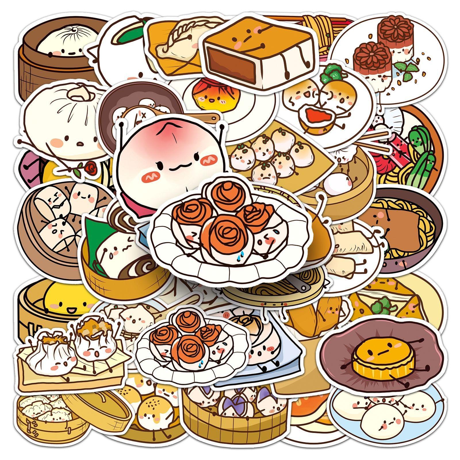 50 Pcs Food Stickers Set, Waterproof PVC Chinese Breakfast Stickers, Cute Cartoon Dumplings Baozi, for Phone, Mug, Notebook, DIY Gift Decor, Phone Decoration, Illustration Stickers