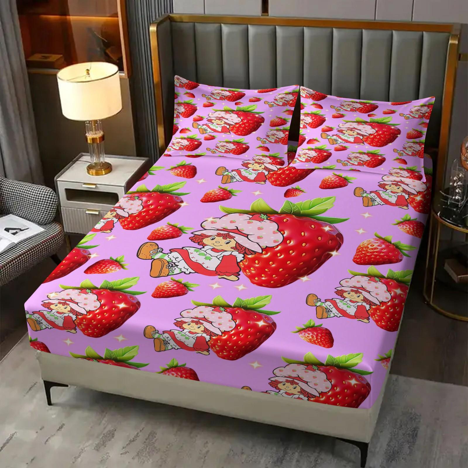 Sparkle Strawberry Shortcake Fitted Sheet Set, 3 Pcs Ultra Soft Wrinkle Resistant Bed Sheets with 360° Snug Fit, Pink Kawaii Strawberry Print Fitted Sheet for Kids Bedroom, Full Size