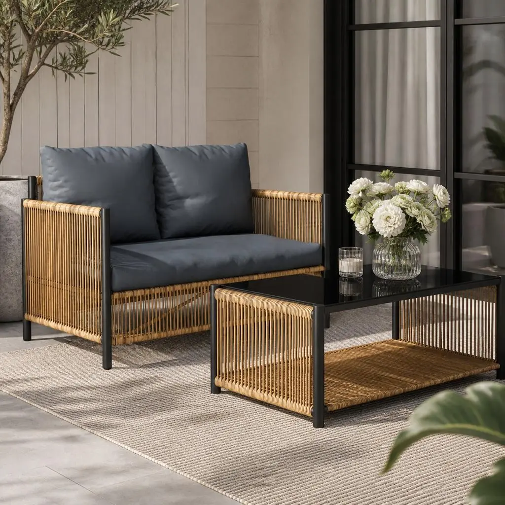 2-Seater PE Wicker Patio Sofa Set with Tempered Glass Coffee Table, Grey Cushions, Black Brown Rattan, Steel Frame, Outdoor Loveseat for Garden Backyard Poolside Deck