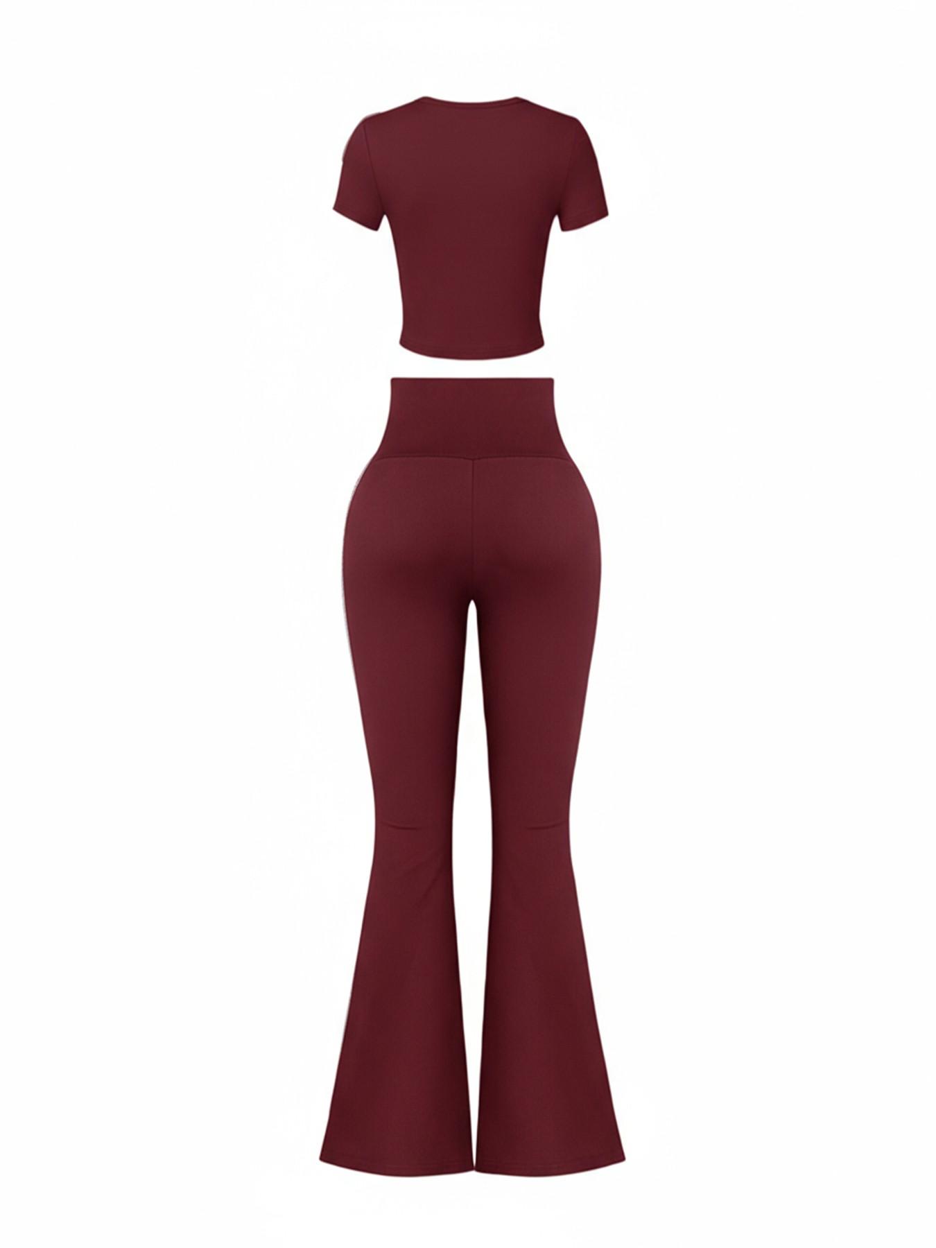 Women's High Waisted Flare Pants Set, 2 Piece, Short Sleeve Cropped T-Shirt Top, Bell Bottom Workout Sets, Casual Fashion, Athleisure Wear