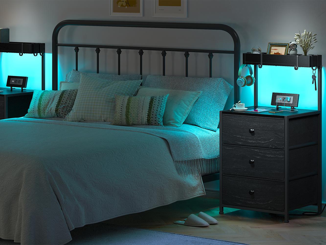 LED Nightstand Set of 2 with 3 Fabric Drawers & Shelf & Hooks, Tall Nightstand with LED & Power Outlet , End Table with Charging Station, Bed Side Table for Bedroom Furniture, White, Black, Rustic Brown