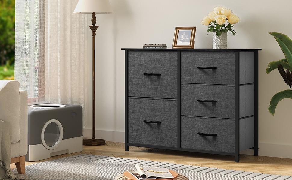 Yitahome Storage Tower with 5 Drawers - Fabric Dresser, Organizer Unit for Bedroom, Living Room, Closets - Sturdy Steel Frame, Easy Pull Fabric Bins & Wooden Top (Black/Grey) Yitahome Storage Tower with 5 Drawers - Fabric Dresser, Organizer Unit for Bedroom, Living Room, Closets - Sturdy Steel Frame, Easy Pull Fabric Bins & Wooden Top (Black/Grey)