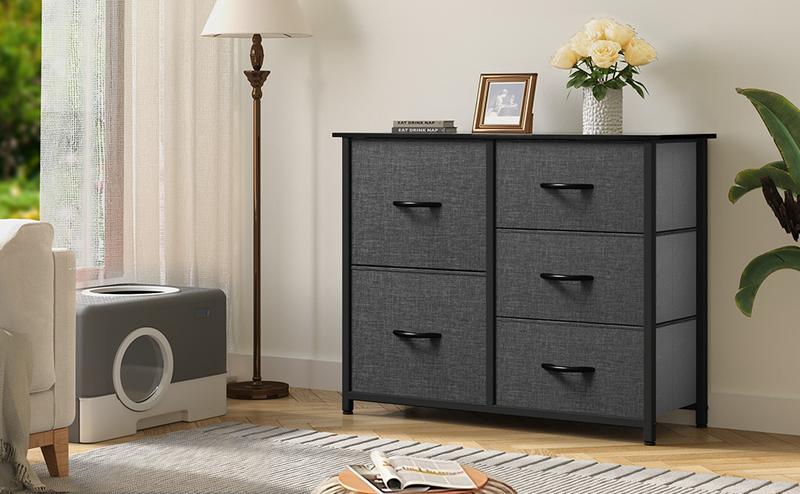 Yitahome Storage Tower with 5 Drawers - Fabric Dresser, Organizer Unit for Bedroom, Living Room, Closets - Sturdy Steel Frame, Easy Pull Fabric Bins & Wooden Top (Black/Grey)