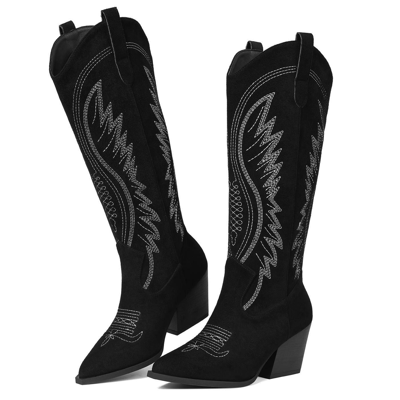 AOSPHIRAYLIAN Women Cowboy Suede Boots Mid Calf Cowgirl Boots Western Red/black/brown Boots Embroidered Suede Pull On Almond Toe Chunky Heel SpringStatements