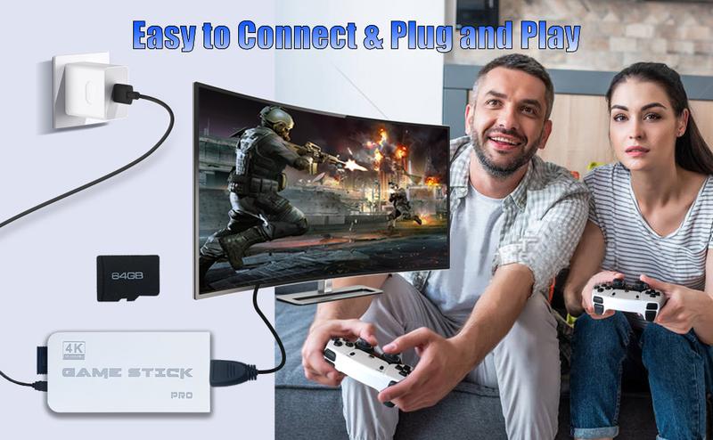 Retro Gaming Console & Gaming Stick with 20,000+ Preloaded Games, 4K Ultra HD & Dual Wireless Controllers — Plug & Play for Family Fun, 64GB Memory