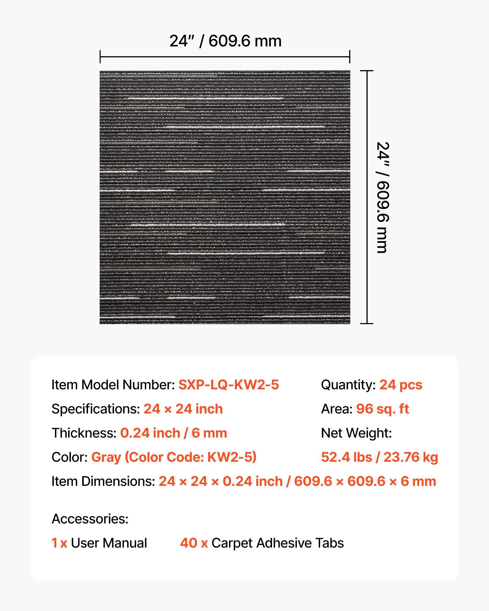 VEVOR Pet-Friendly Reusable Polypropylene Modular Carpet Tiles, 24x24 in, 24pcs Pack (96 sq.ft), Soft Padded, Seamless Installation, Portable Commercial Office Indoor Flooring, Stylish DIY Gray Squares, Modular Squares