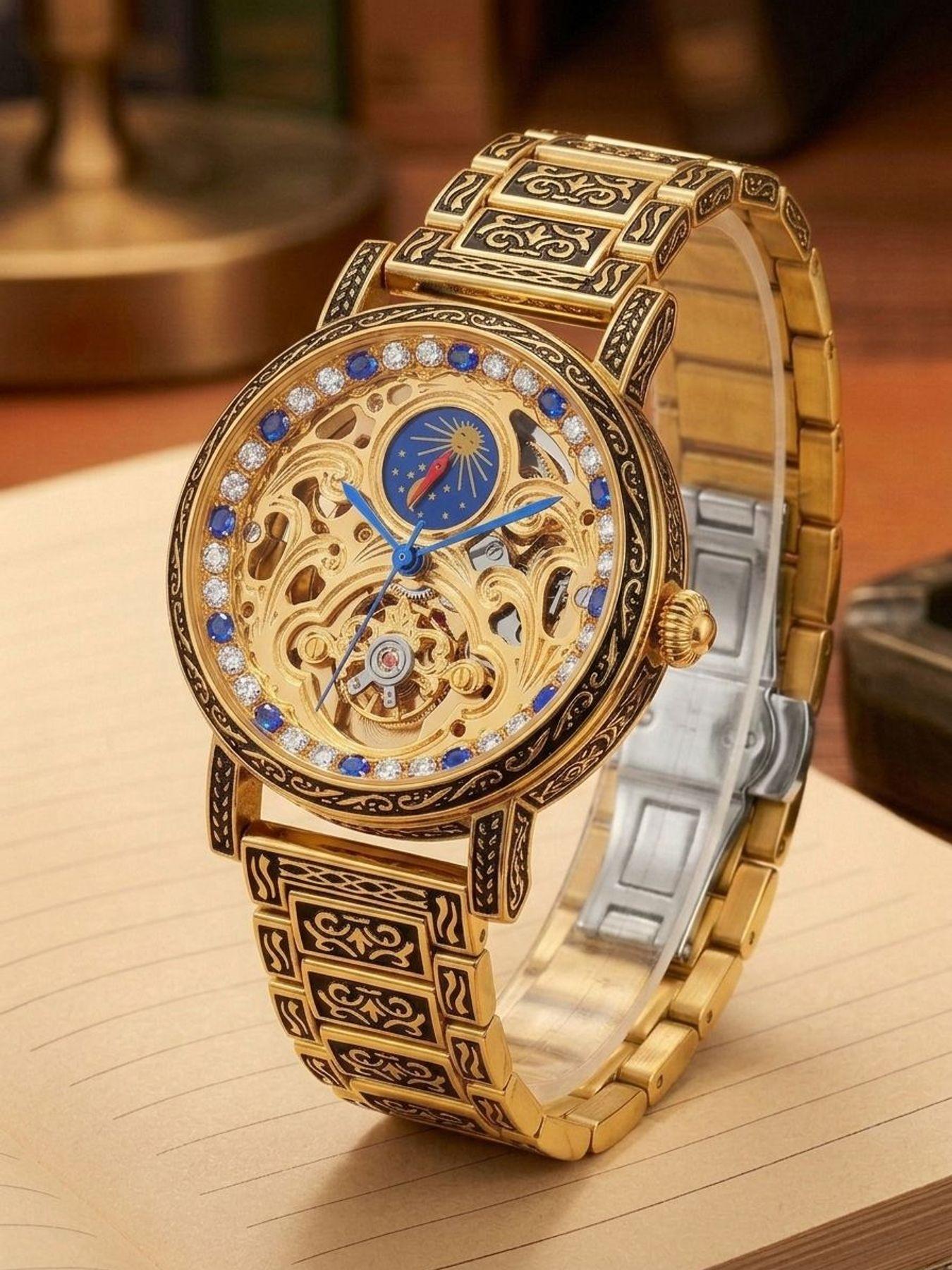 A men's luxurious gold openwork vintage engraved moon-phase large dial trend-forward and fashionable fully automatic mechanical wristwatch