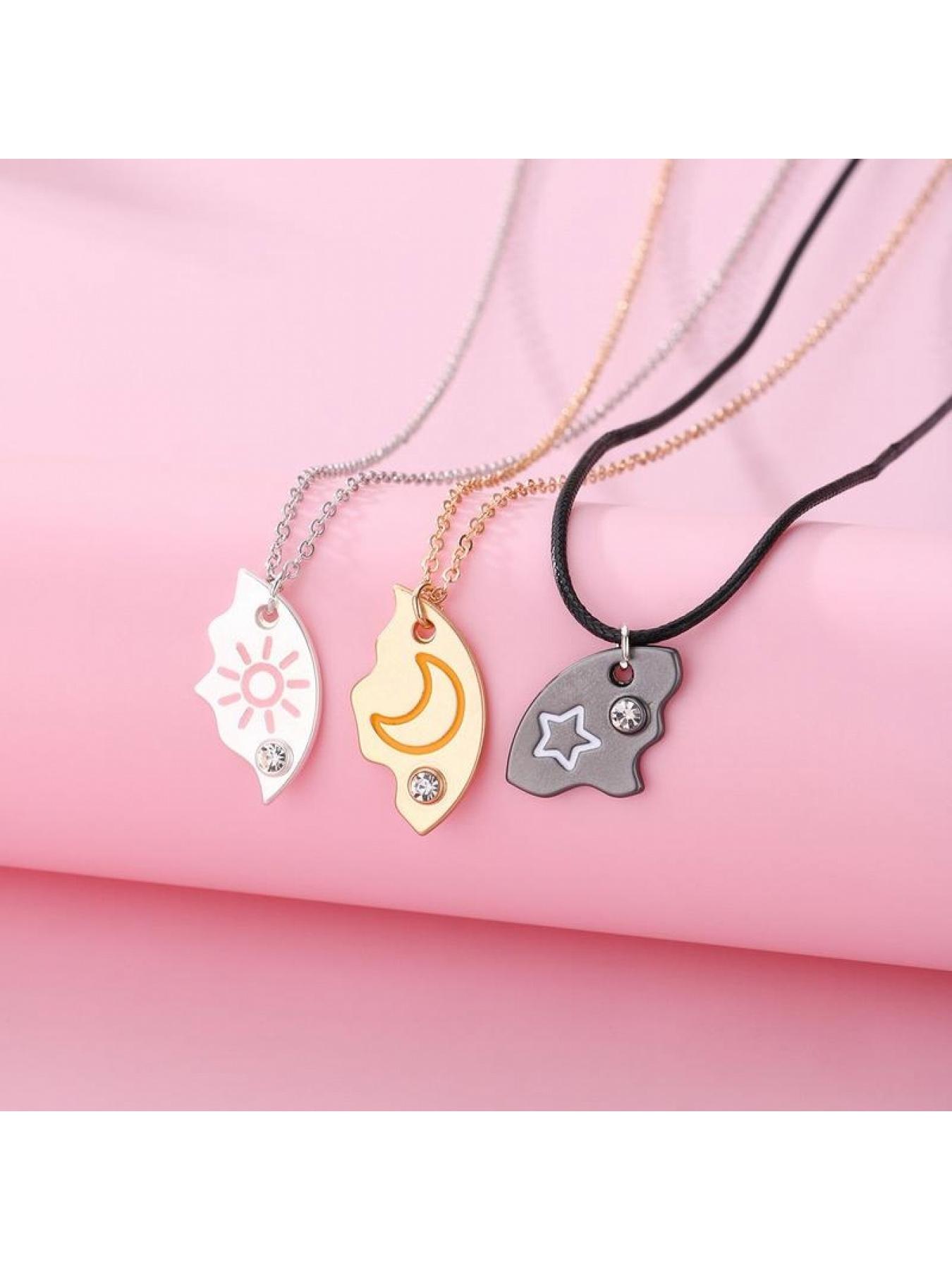 Set of 3 Round Rhinestone Star Moon Sun Friendship Necklaces BFF Best Friends Forever Fantasy Cute Pendant for Unbreakable Friendship