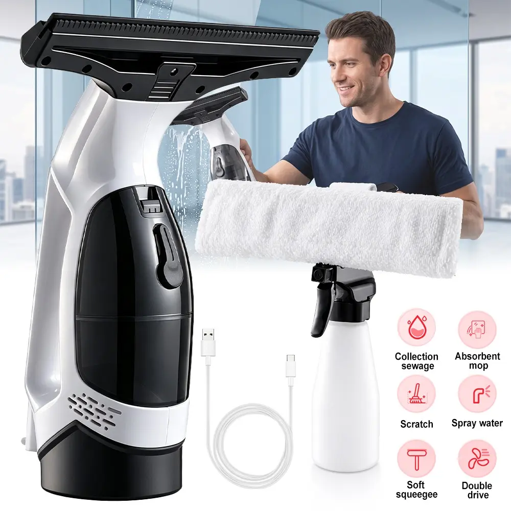 Cordless Window Vacuum Squeegee, 3-in-1 Rechargeable Battery Electric Cleaner with 11" Width, Spray & Suck, Detachable Tank, Microfiber Pad, 2200Pa Streak-Free Suction for Glass, Shower Doors, Car Windows