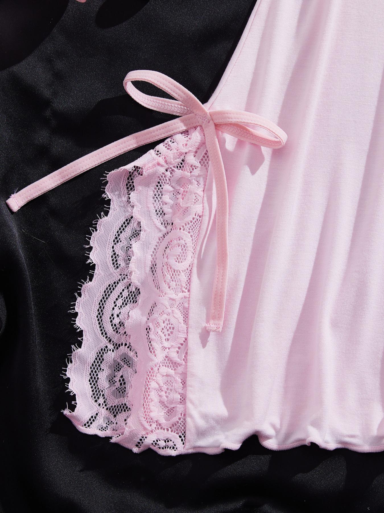 Women's Elegant Lace Deep V Slim Fit Strap Dress Nightwear, Plain Pattern, Fitted Style, Moderate Fabric Thickness, All Seasons Wear