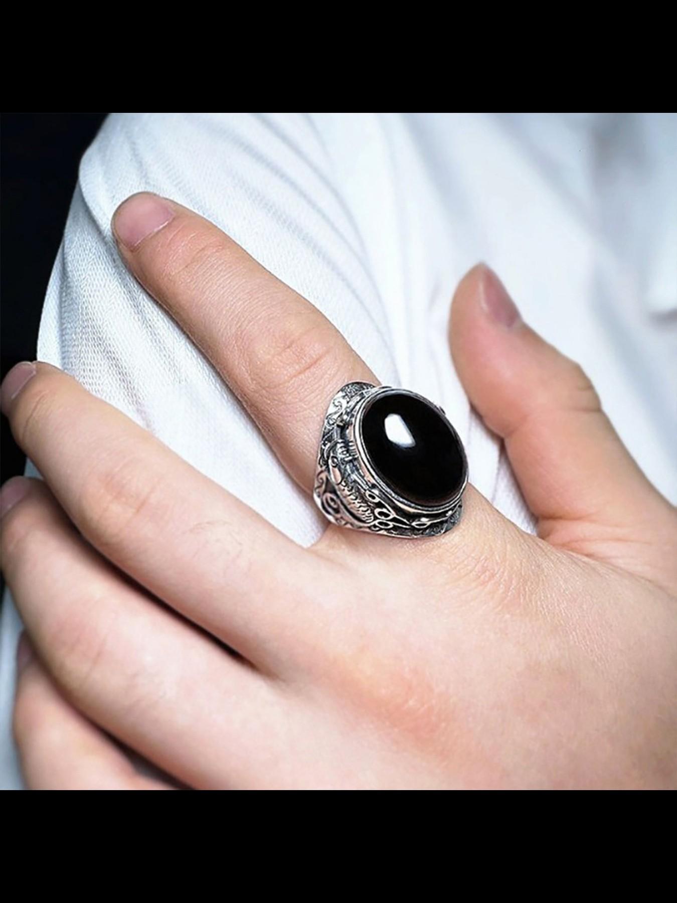 Vintage Obsidian Ring for Men, Koi Fish Ethnic Pattern, Adjustable Copper Chain, Casual Style, All Seasons Jewelry