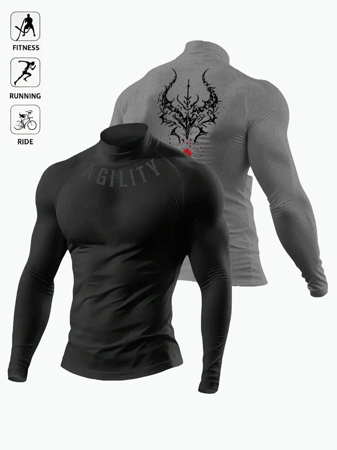 Men's Breathable Fitted Long Sleeve Compression Sports T-Shirt with High Neck Design, Fitness Long Sleeve T-Shirt