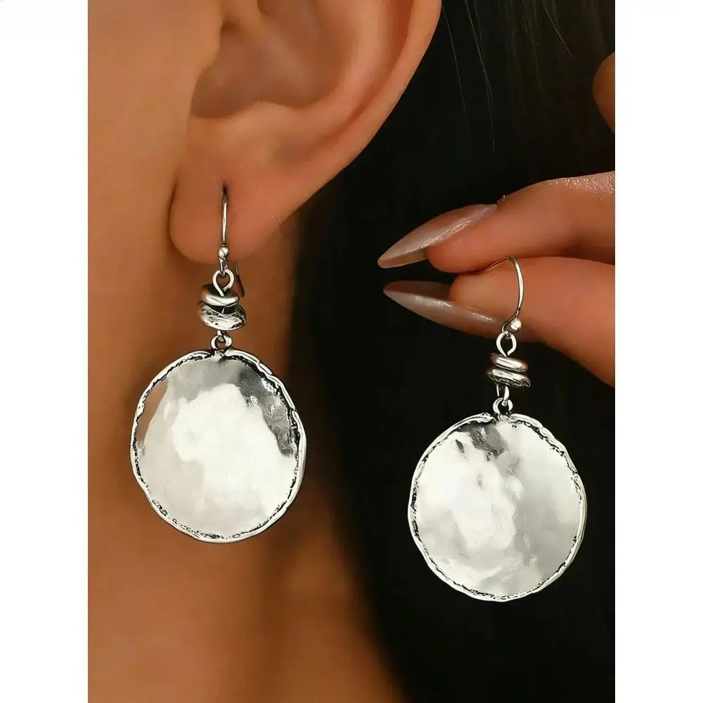 Women's Hammered Coin Pendant Dangle Earrings, Mixed‑Metal Round Disc Drop Earrings, Vintage Textured Boho Statement Fashion Jewelry