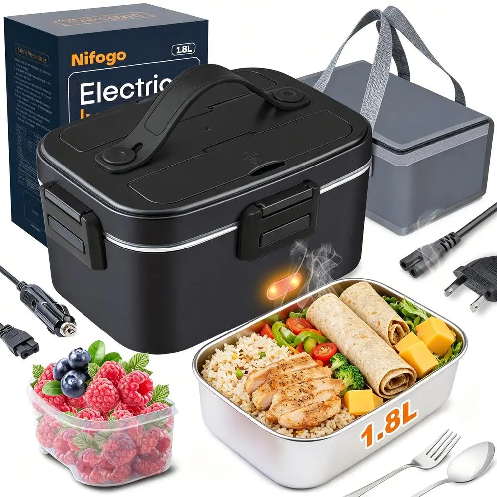 Electric Heated Reusable Lunch Box Tray - 100W Fast Food Warmer, 1.8L 304 Stainless Steel Tableware Container with 4 Snap Locks, 12V/24V Truck-110V Home Power Compatibility, Portable Insulated Bag for Office Users, Fruit-Safe Design