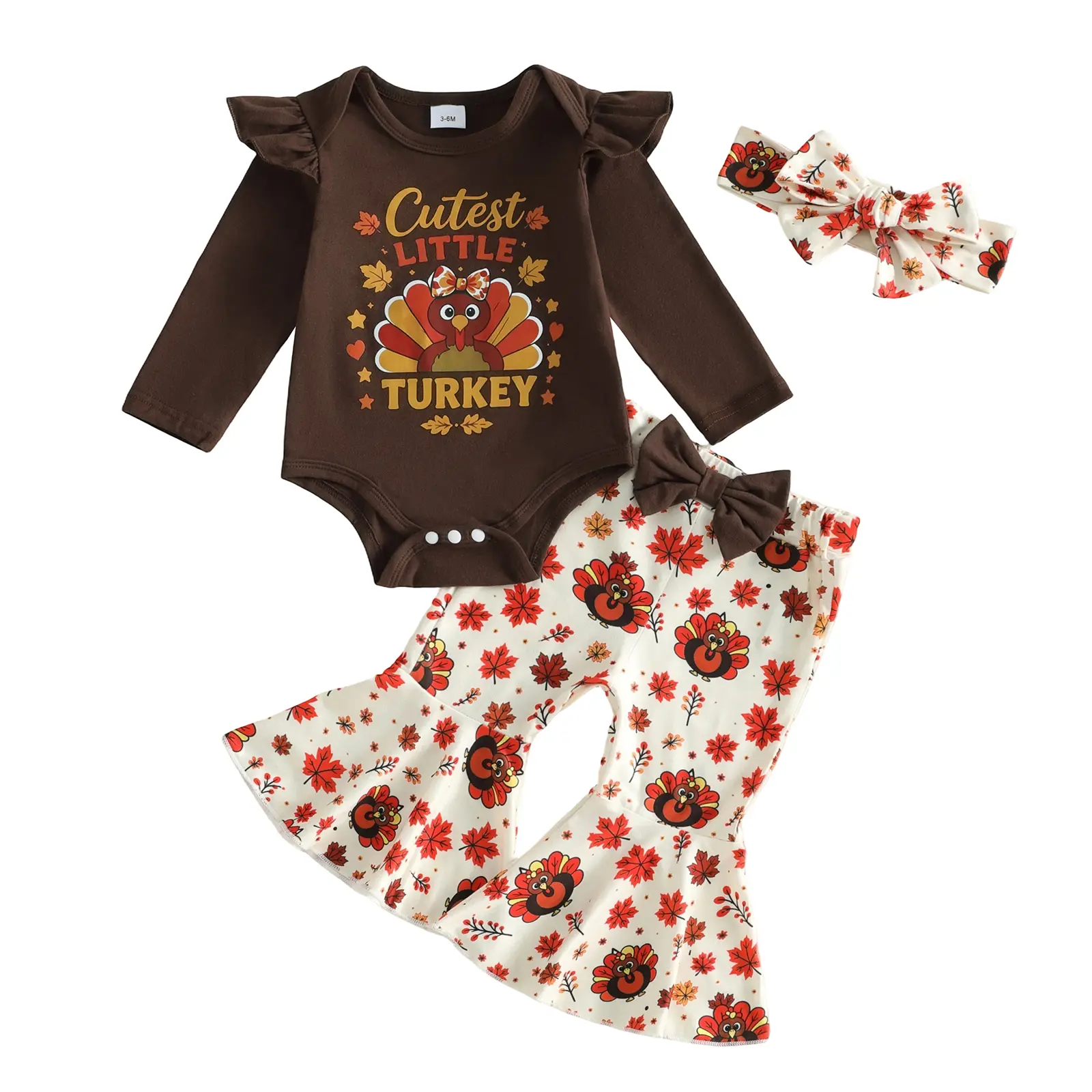 Newborn Baby Girl Thanksgiving 3Pcs Outfit Cutest Little Turkey Print Ruffle Long Sleeve Romper Bodysuit Flared Pants Bow Headband Fall Holiday Clothes