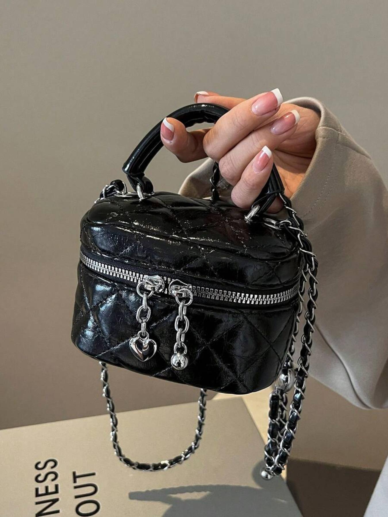 Women's Fashionable Solid Color Quilted Crossbody Bag, Elegant Mini Handbag with Heart Decor, Casual Trendy Versatile High-quality Daily Commuting Bag, Handbag Shoulder Bag