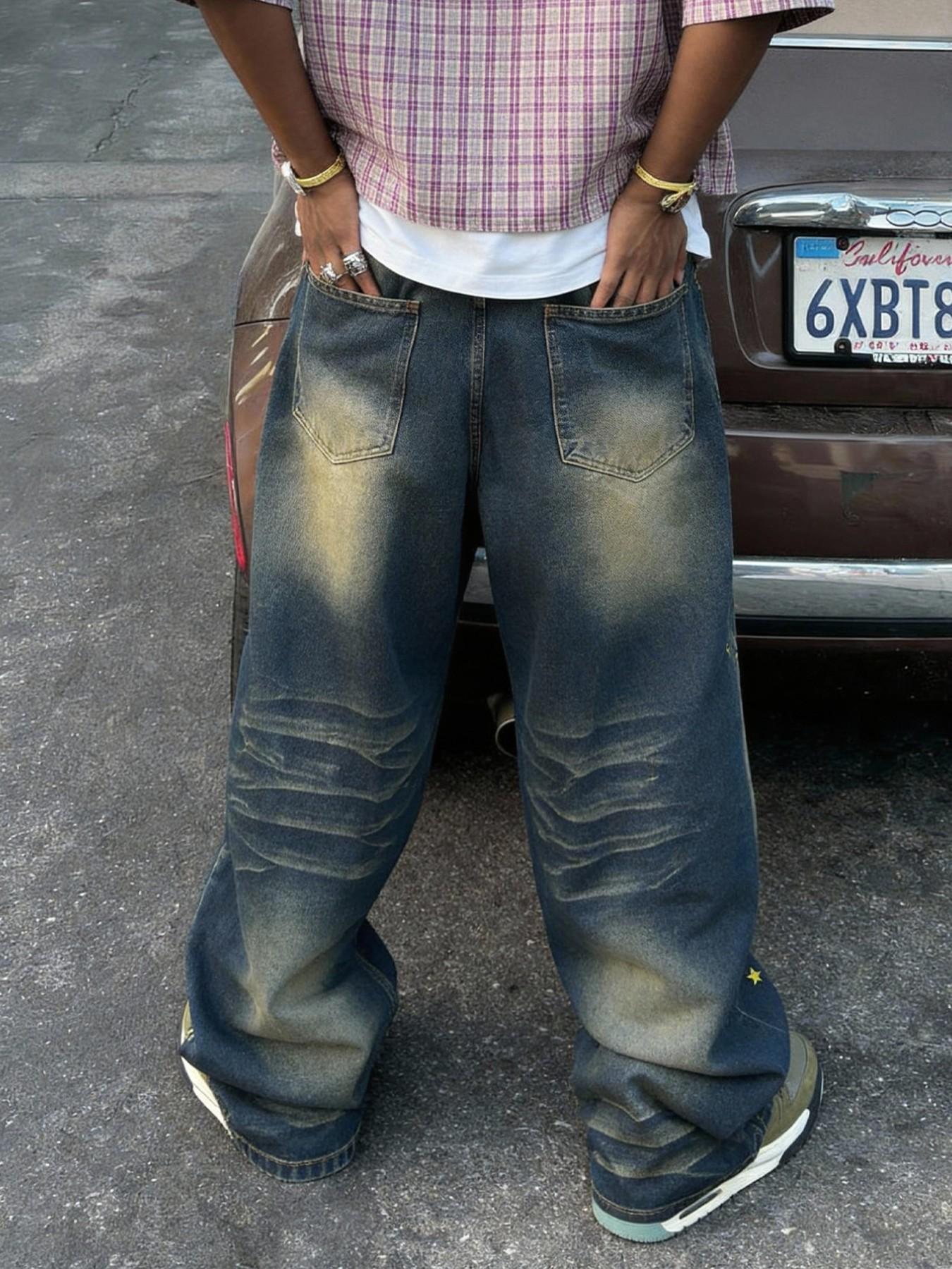 Four-season loose straight-leg wide-leg blue stacked flared jeans, decorated with letter and star embroidery, American street fashion clothing, a versatile must-have for daily casual wear, essential for trendy and cool outfits