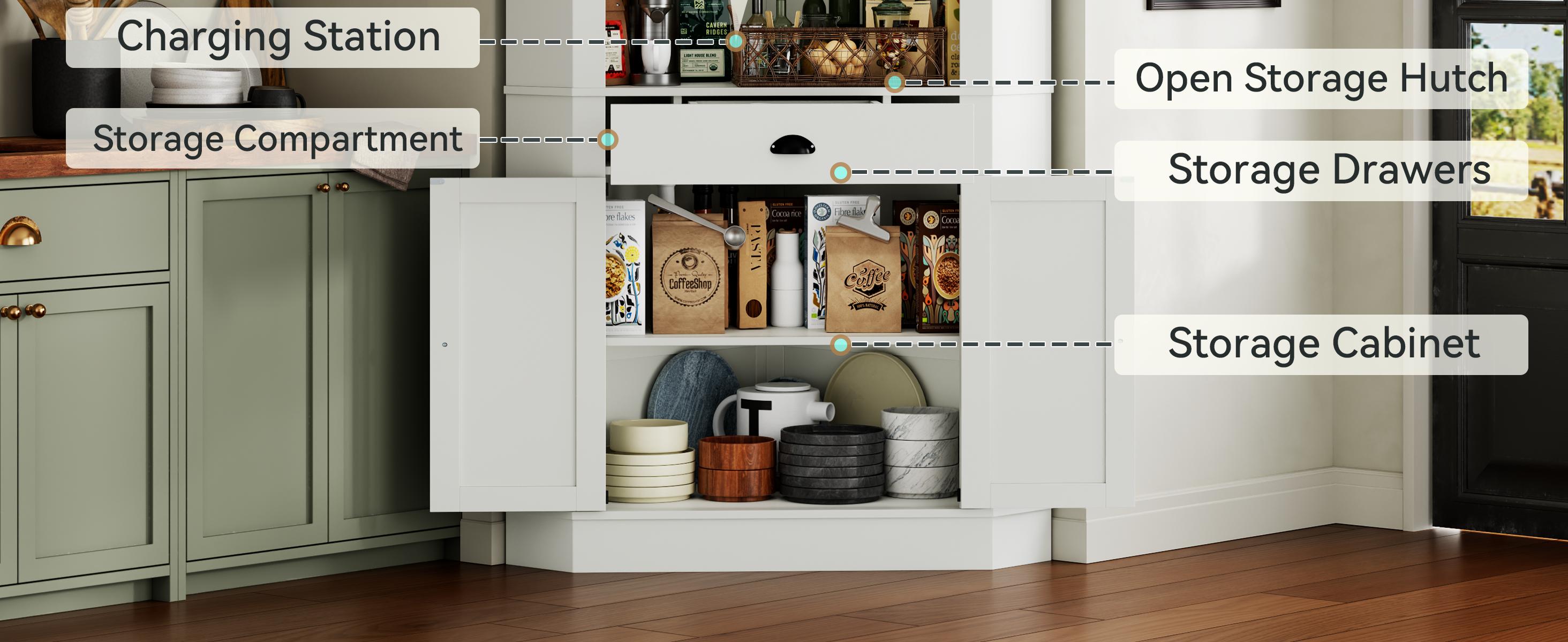 74"Corner Cabinet with Charging Station,Kitchen Pantry Storage Cabinet with Drawer,Freestanding Kitchen Pantry Cabinets with Doors and Shelves,Farmhouse Food Hutch