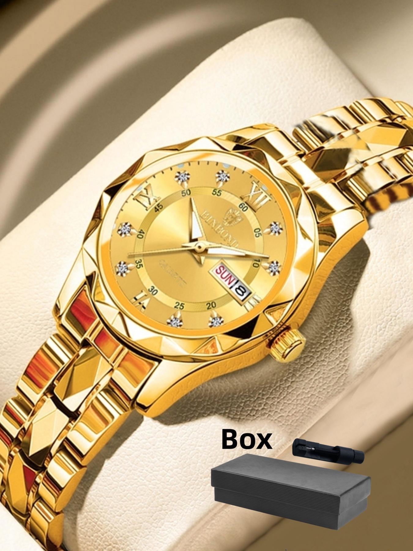 Women's Fashion Round Dial Stainless Steel Strap Quartz Watch, Rhinestone Decorated Watch, Rhinestone Embellished Watch, 30m Waterproof Watch with Calendar Function, Trendy All-match & Exquisite Watch for Birthday Gift with Box