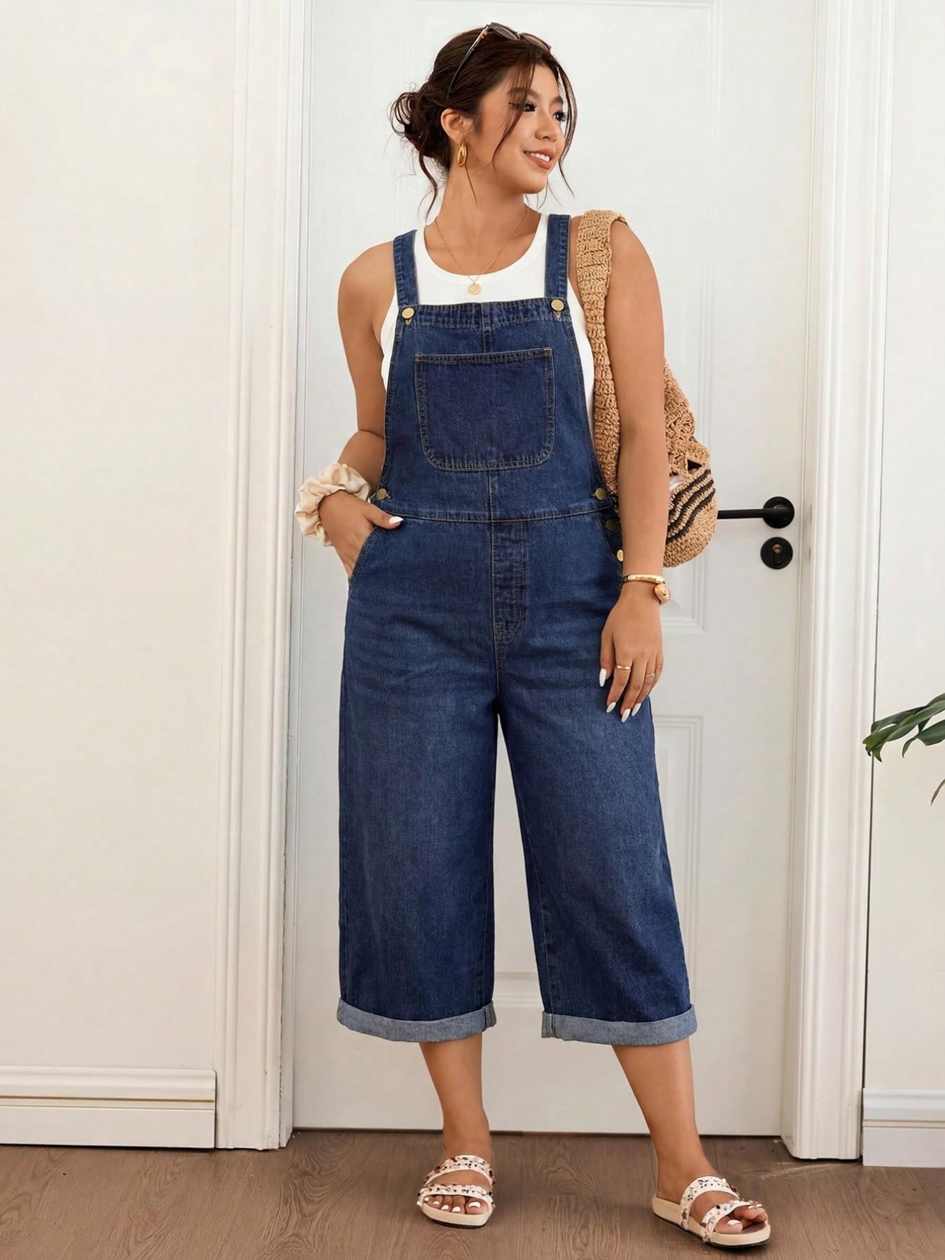 Plus Size Dark Wash Denim Capri Overalls, Side Button Detail Cuffed Raw Hem Loose Wide Leg Cropped Jumpsuit,Summer,Fall,Halloween,Back To School,Beach,Casual