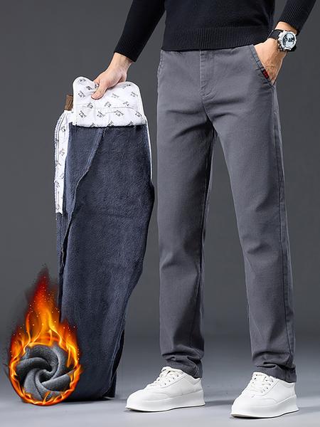 Men's Fleece Lined Denim Jeans, Thickened Outdoor Warm Straight Leg Jeans, Casual Fall Winter Long Trousers, Slim Fit Striped Design