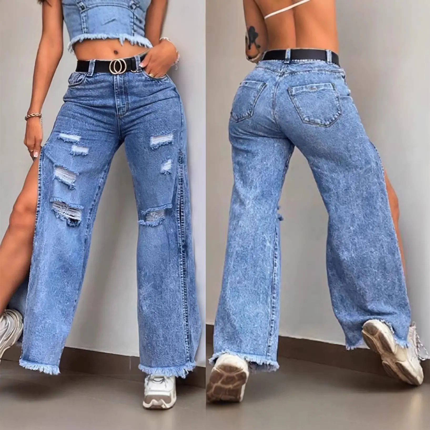 Women's High Waisted Wide Leg Ripped Jeans, Light Wash Distressed Denim Pants with High Side Slit and Raw Hem, Relaxed Baggy Streetwear Jeans for Casual Outfits, Concerts, Night Out and Y2K Fashion, XS-XL