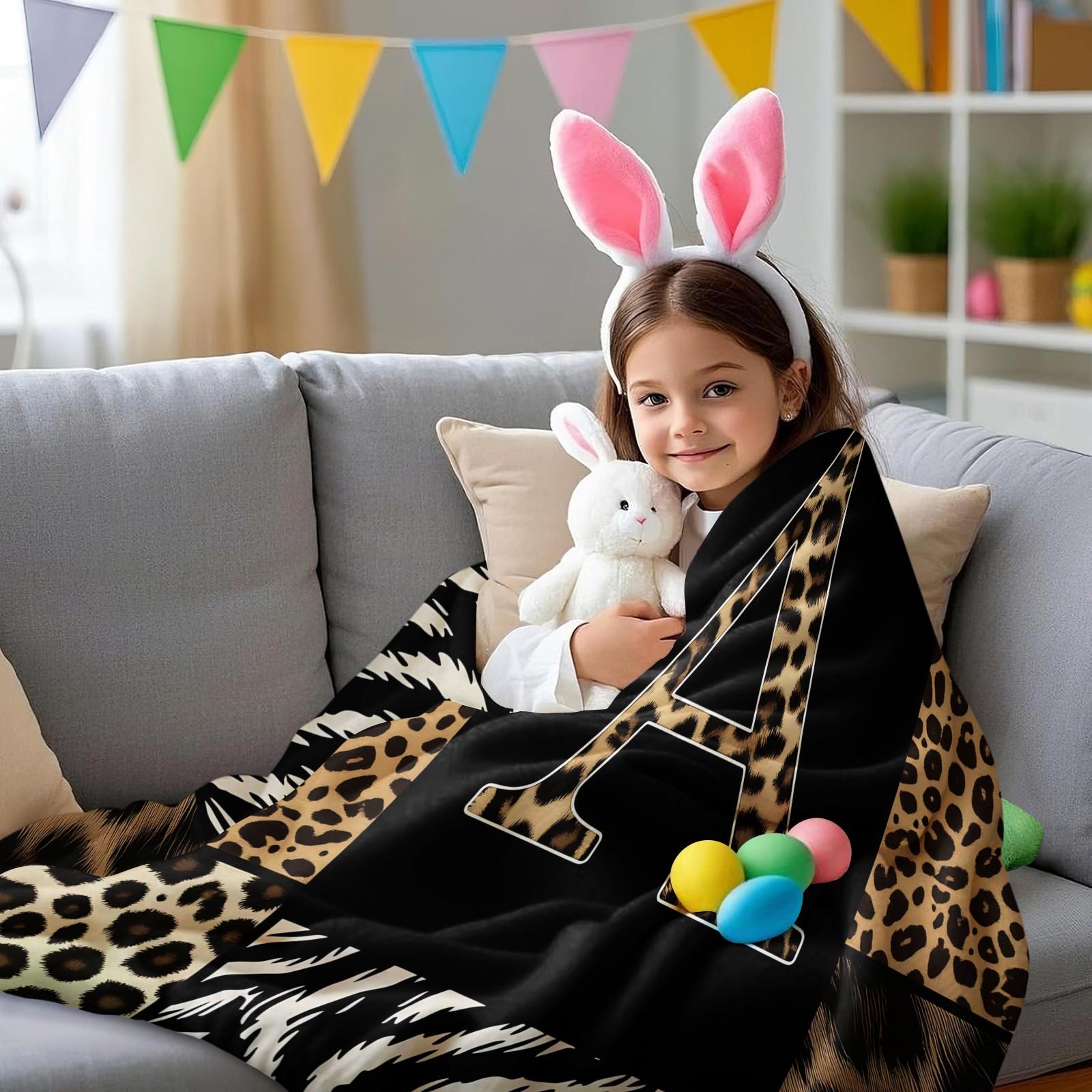 Animal Print Monogram Throw Blanket, Leopard Zebra Tiger Initial Soft Flannel Blanket for Sofa Bed, Gift for Animal Lovers