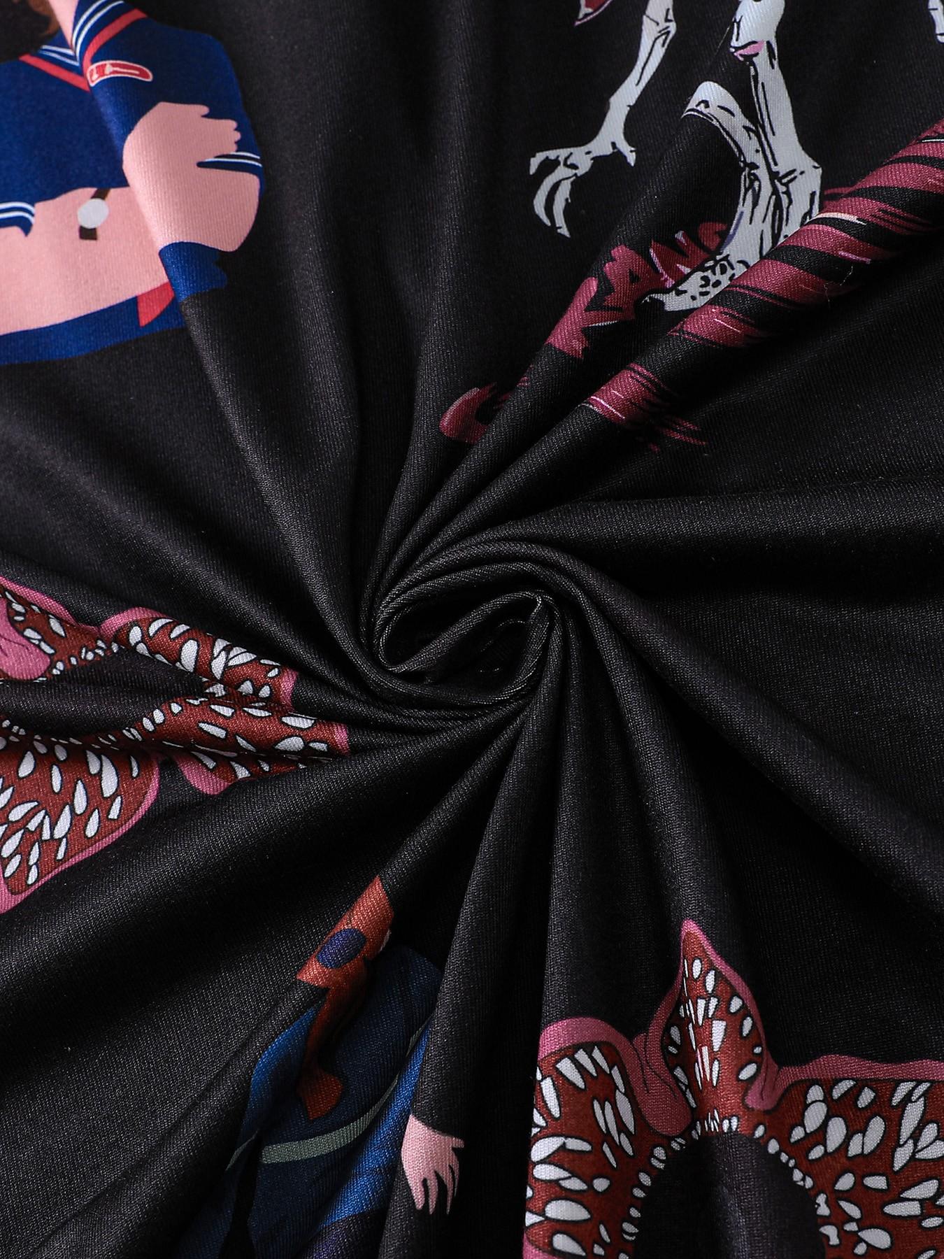 Women's 2-Piece Stranger Things Print Lapel Pajama Set, Short Sleeve Button Down Top with Pocket & Elastic Waist Shorts, Soft Comfy All-Season Loungewear, Casual Sleepwear for Ladies Home Daily Wear