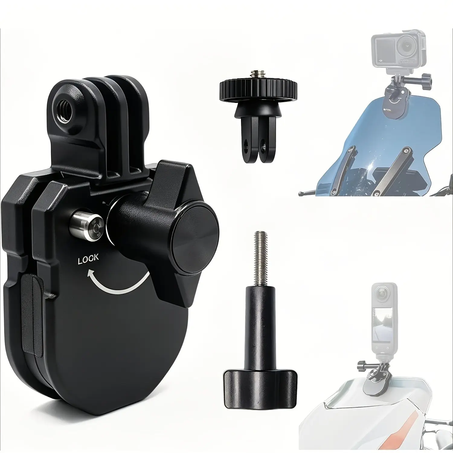 Motorcycle Windshield Camera Mount Holder, Motorcycle Accessories, Aluminum Alloy Material, Quick Release + 1/4 Inch Adapter, Compatible with Gopro Dji Insta360
