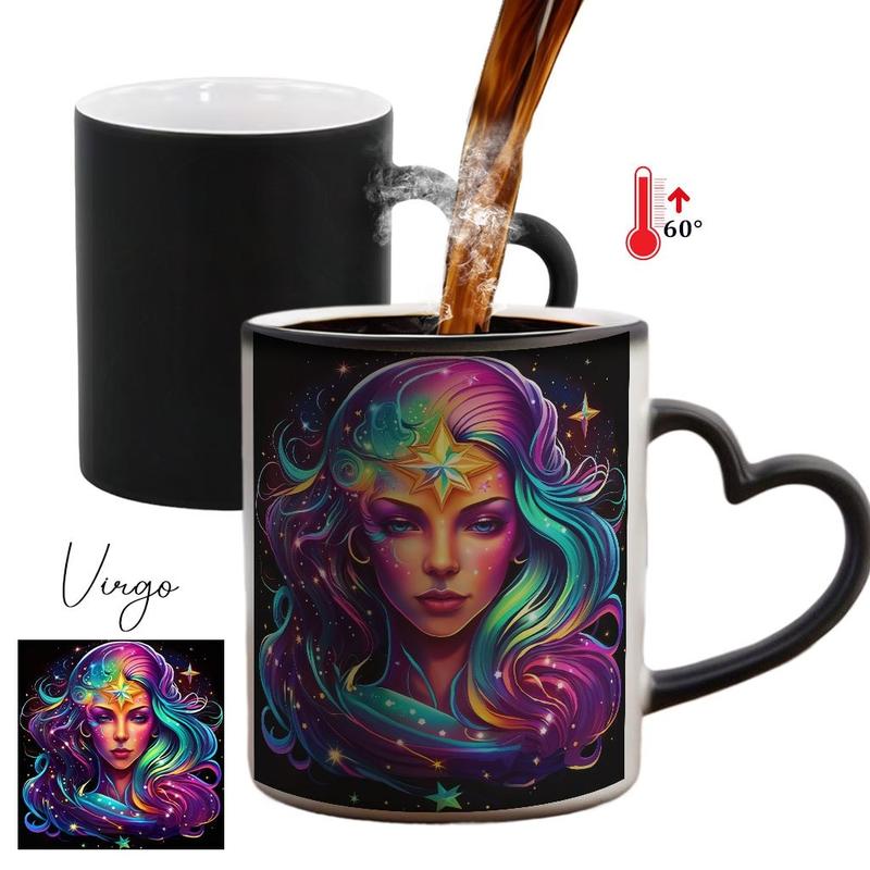1pc Twelve Zodiac Signs Magic Color-Changing Mug with Heart-Shaped Handle & 12 Constellation Design - Temperature-Sensitive Cup, Drinkware, Coffee Mug, Coffee Mugs