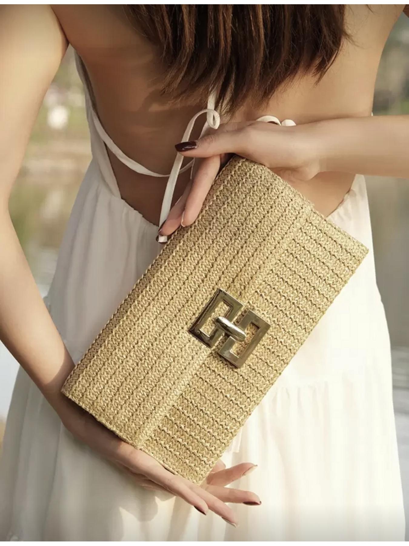 Multi-layer Twist Lock Flap Gold Handbag Casual Shoulder Bag Woven Design Ideal for Beach Getaway and Christmas New Year Presents