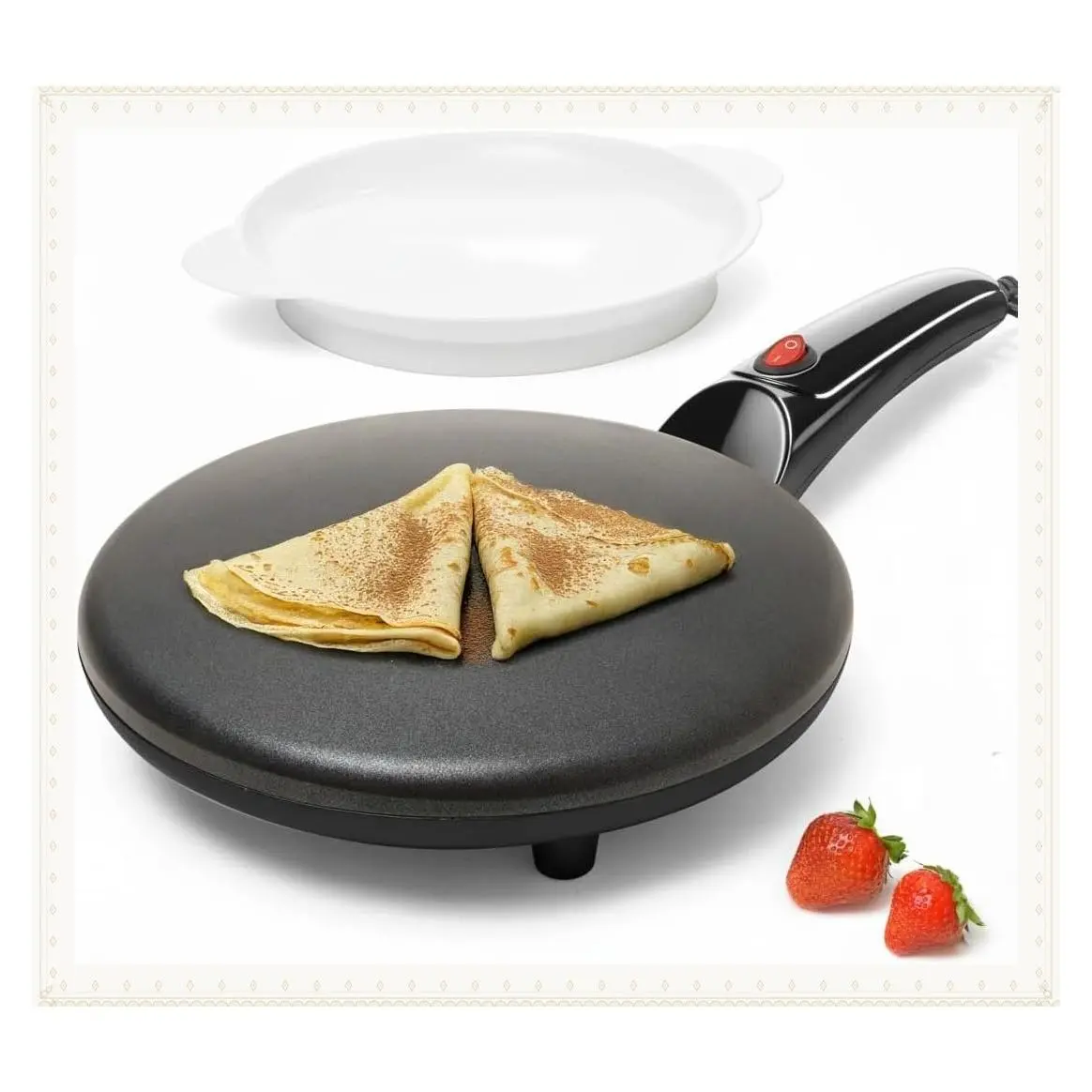 Black 8 Inch Electric Crepe Maker, Portable Nonstick Crepe Pan with Dipping Plate, Auto Shut-Off, On/Off Switch, Even Heating, Automatic Temperature Control, Compact DesignGift