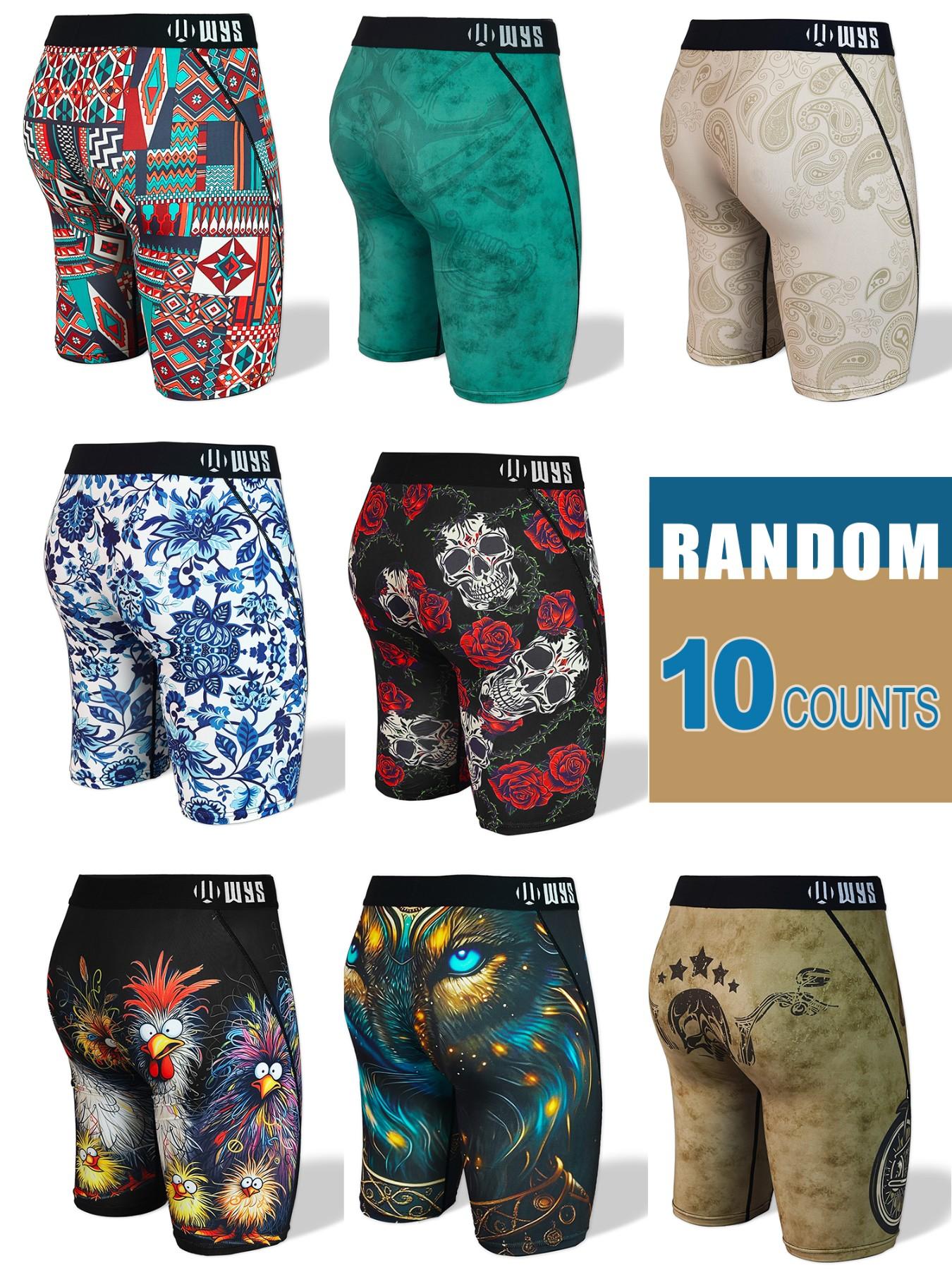RANDOM 10PCS,Men's Long Athletic Stretchy Casual Boxer Briefs Set, Moisture-Wicking, Anti-Chafing, Quick-Dry, Halloween Skull Wolf Motorcycle Design Print, Comfortable Fit