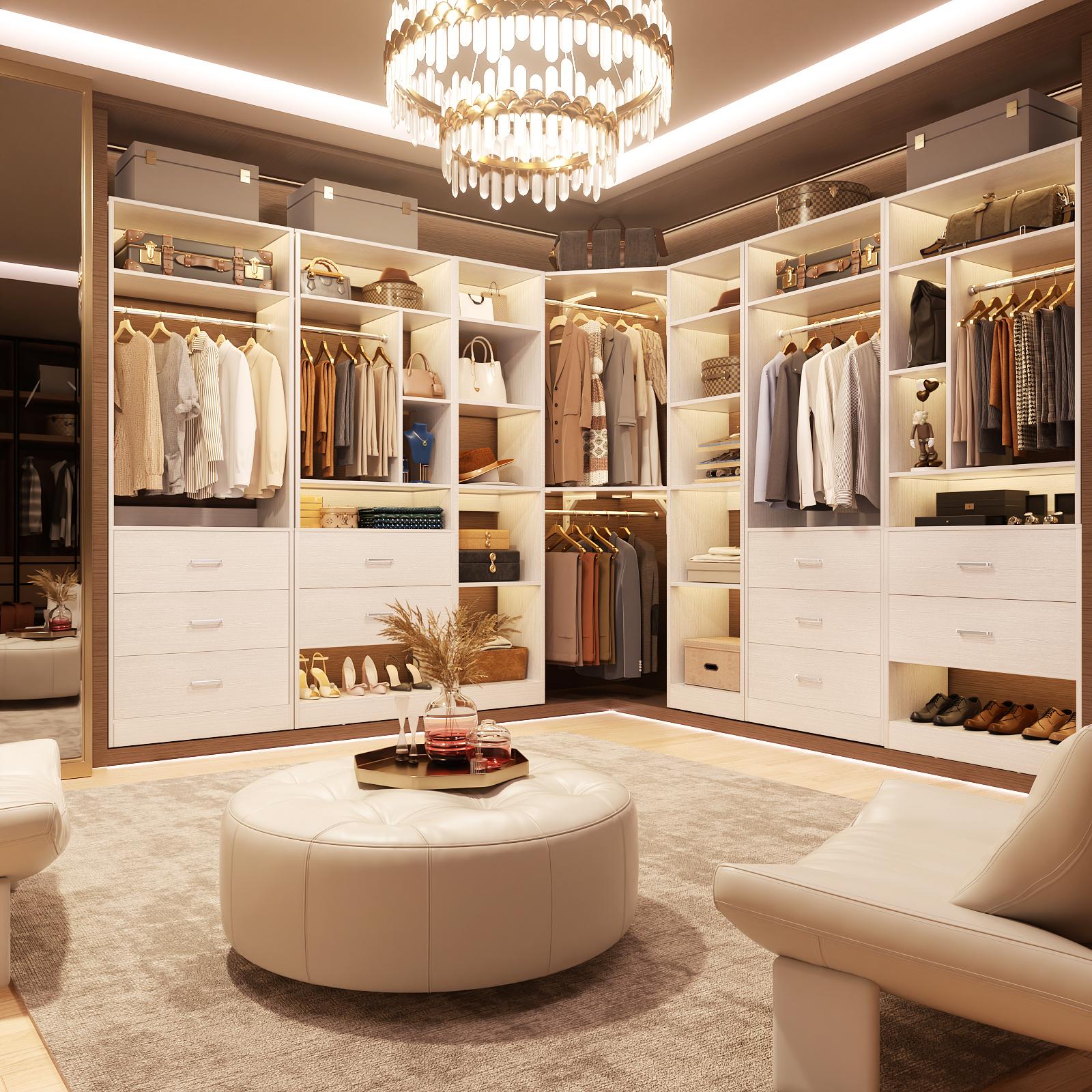 Corner Closet System with 12 Shelves, 40" Large Corner Closet Organizer System with 2 Hanging Rods, Versatile 6-Tier Walk-in Closets for Corner Space, White