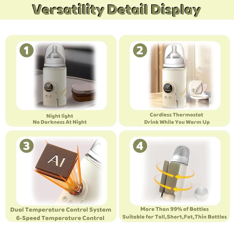 Portable Baby Bottle Warmer with Temperature Monitor, 6 Adjustable Settings, USB Rechargeable, Night Light, Essential Travel Accessory, Fast Bottle Warmers