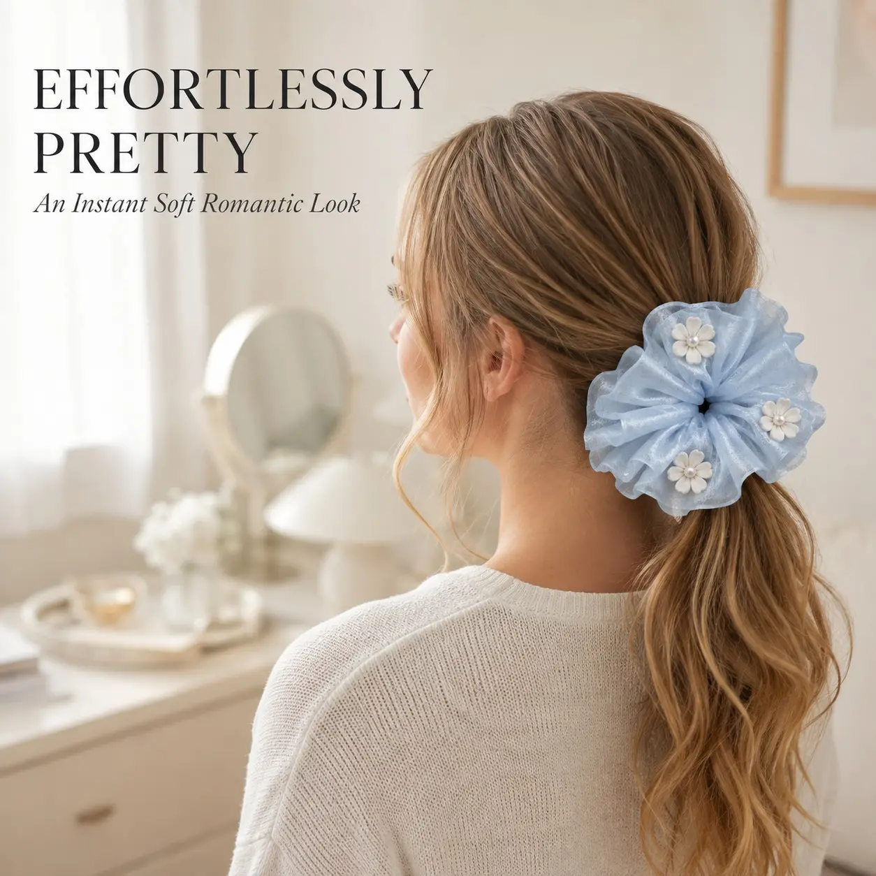 Oversized Organza Scrunchie for Women, Sheer Blue Floral Hair Tie with Pearl Daisy Details, Soft Voluminous Ponytail Holder, Cute Romantic Hair Accessory for Daily Wear, Parties & Gifts