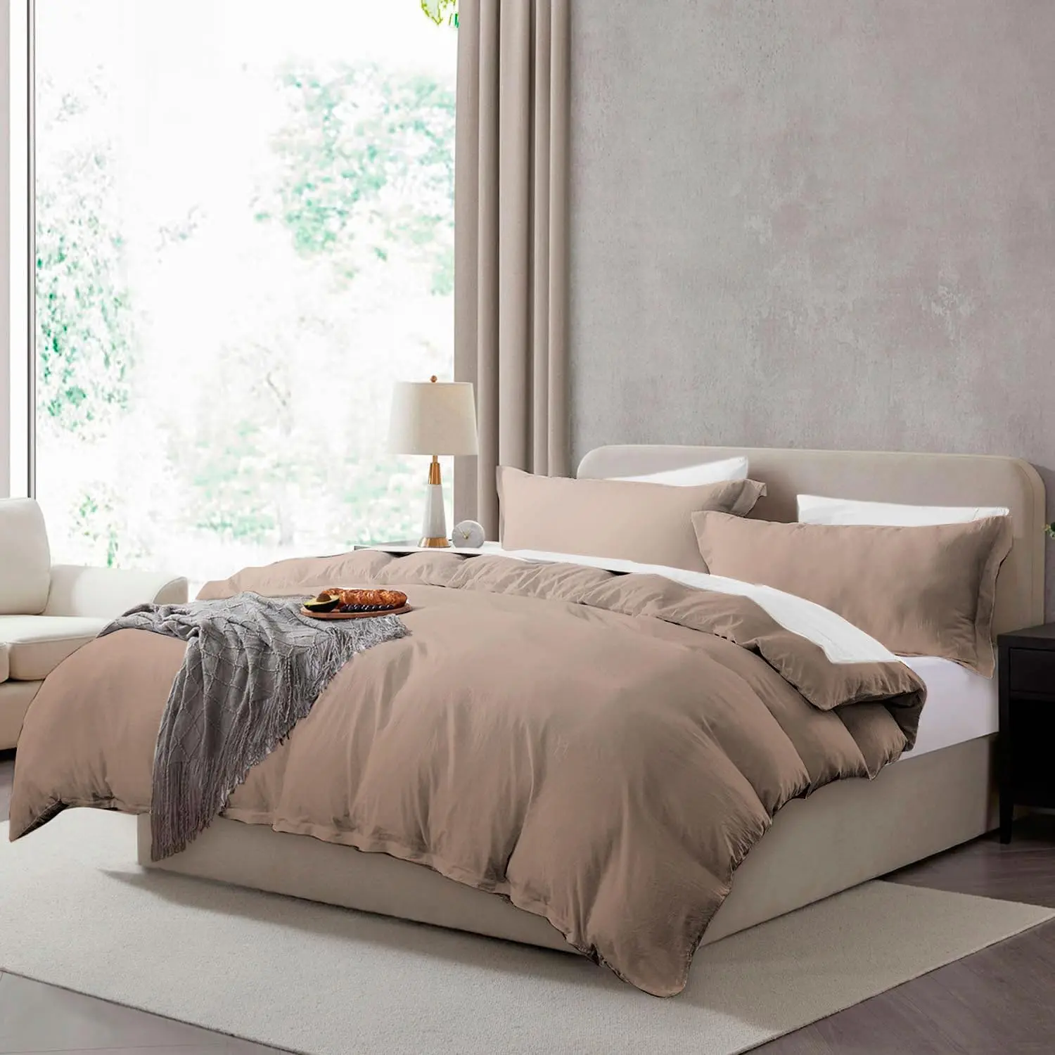 & Harbor Prewashed Full Duvet Cover Set, Khaki |   3 Piece Bedding Set, Soft & Breathable, Easy Care, Cooling , Zipper Closure, 1 Duvet Cover 80"x90", 2 Pillow Shams