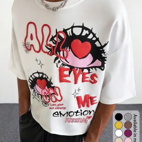 Men's 100% Cotton "All Eyes on Me" Heart-Eye Graffiti Print T-Shirt, Y2K Hip-Hop Casual Loose-Fit Short Sleeve Tee, Streetwear Top