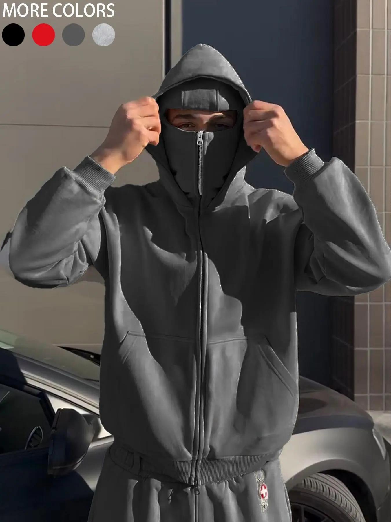 Men's Ninja Hooded Sweatshirt Y2K Style, Loose Fit Streetwear Mask Pullover, Windproof Double Layer Hoodie Jacket for Winter