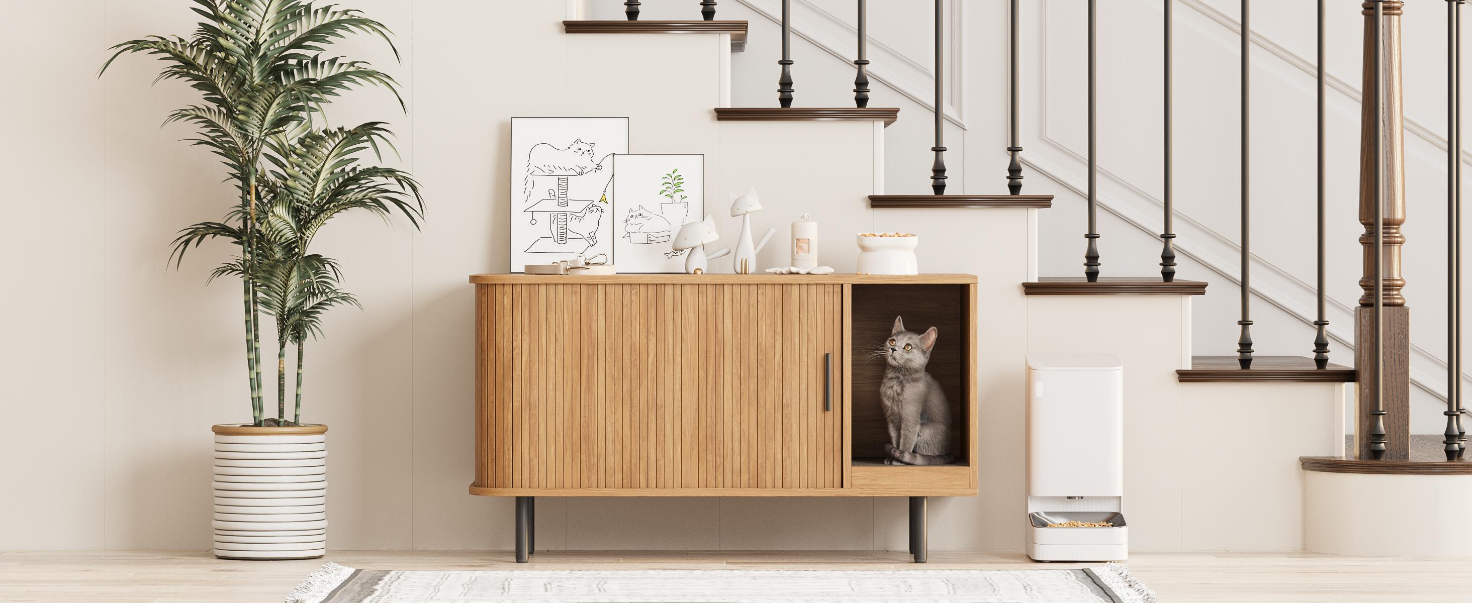 Vabches Cat Litter Box Enclosure with Cat Scratch Pad, Sliding Door, 37.4" Litter Box Enclosure Furniture Hidden Litter Box, Modern Indoor Cat House, TV Stand, Side End Table for Living Room