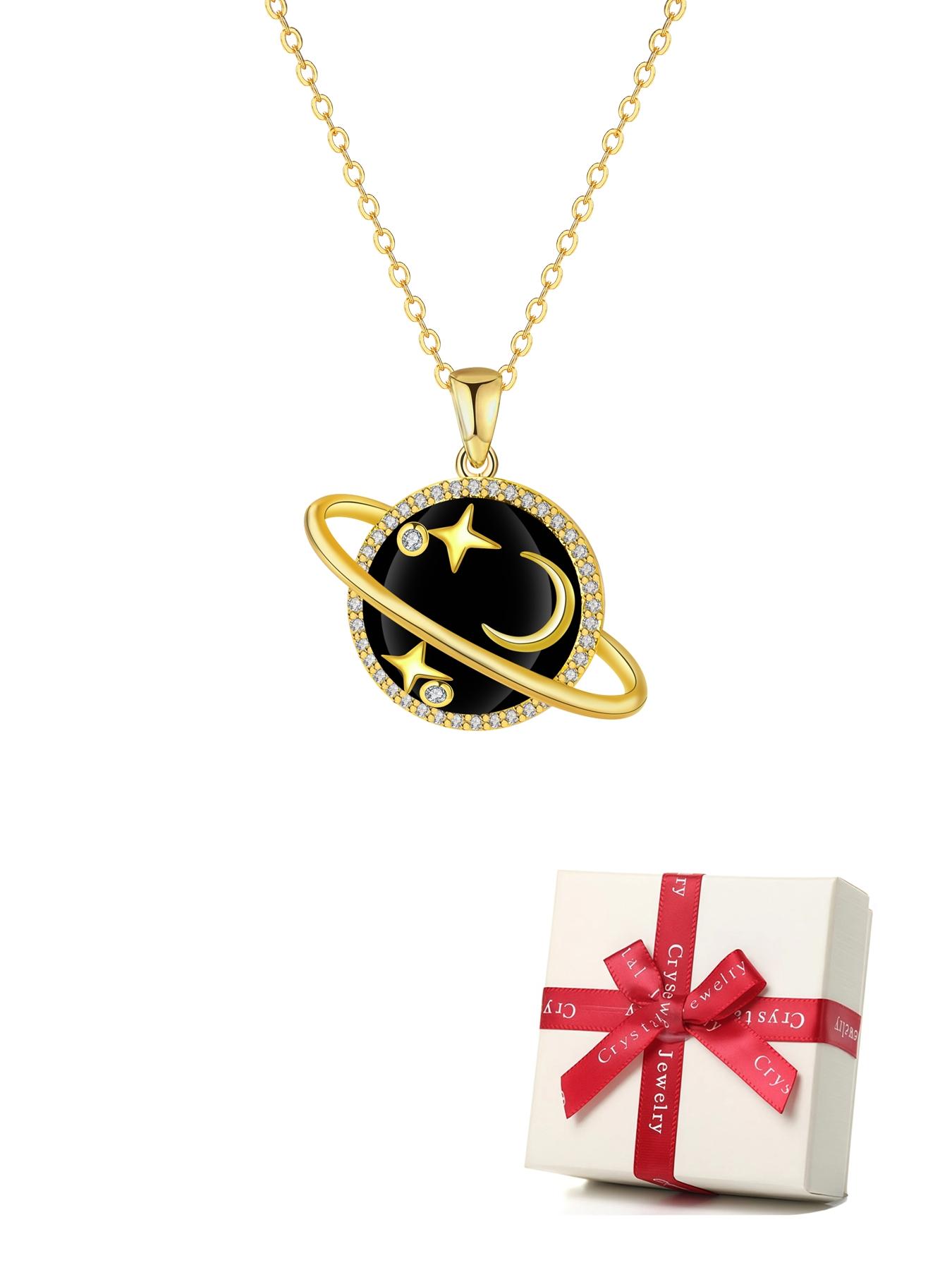 Diamond Saturn Pendant Necklace, 18k Gold Plated Low Allergy, Ideal Jewelry Gift for Mother's Day, Anniversary, Includes Gift Box