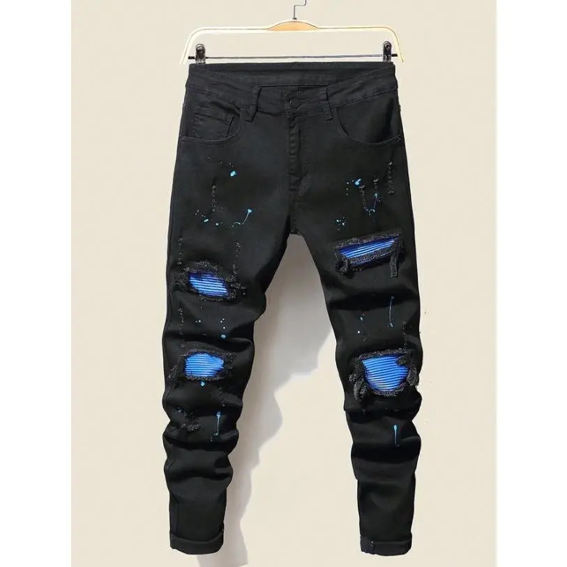 Men's Big & Tall Black Ripped Skinny Jeans, Cotton Spandex Blend Stretch Denim Pants with Blue Paint Splatter & Striped Underlayer, Casual Hip Hop Streetwear Jeans for Men