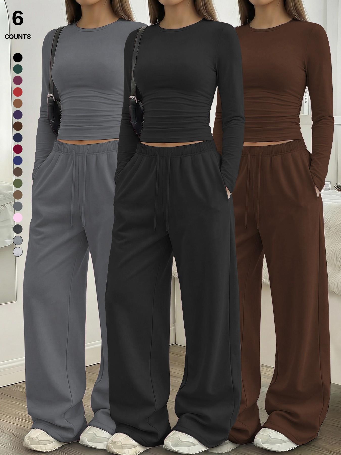 Women's Solid Ruched Drawstring Loungewear Set, Casual Long Sleeve Round Neck Top & Pocket Wide Leg Trousers, Spring Summer Sleepwear Pajama Set