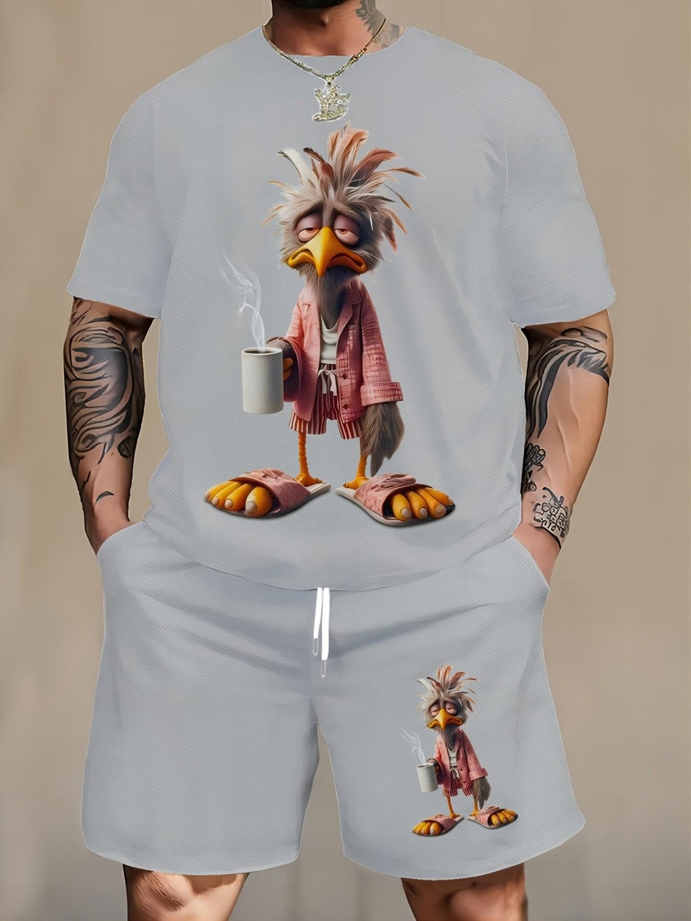 Personalized Sleepy Rooster Print Men's Short Sleeve Set Plus Size Loose Casual T-Shirt & Shorts Summer Street 2-Piece