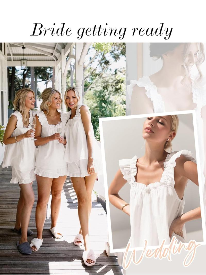 Women's Sleepwear Set 2-Piece Ruffled Soft Vest Top & Short Pants, Casual Loose-Fitting Nightgown Set, Natural Waist Regular Length