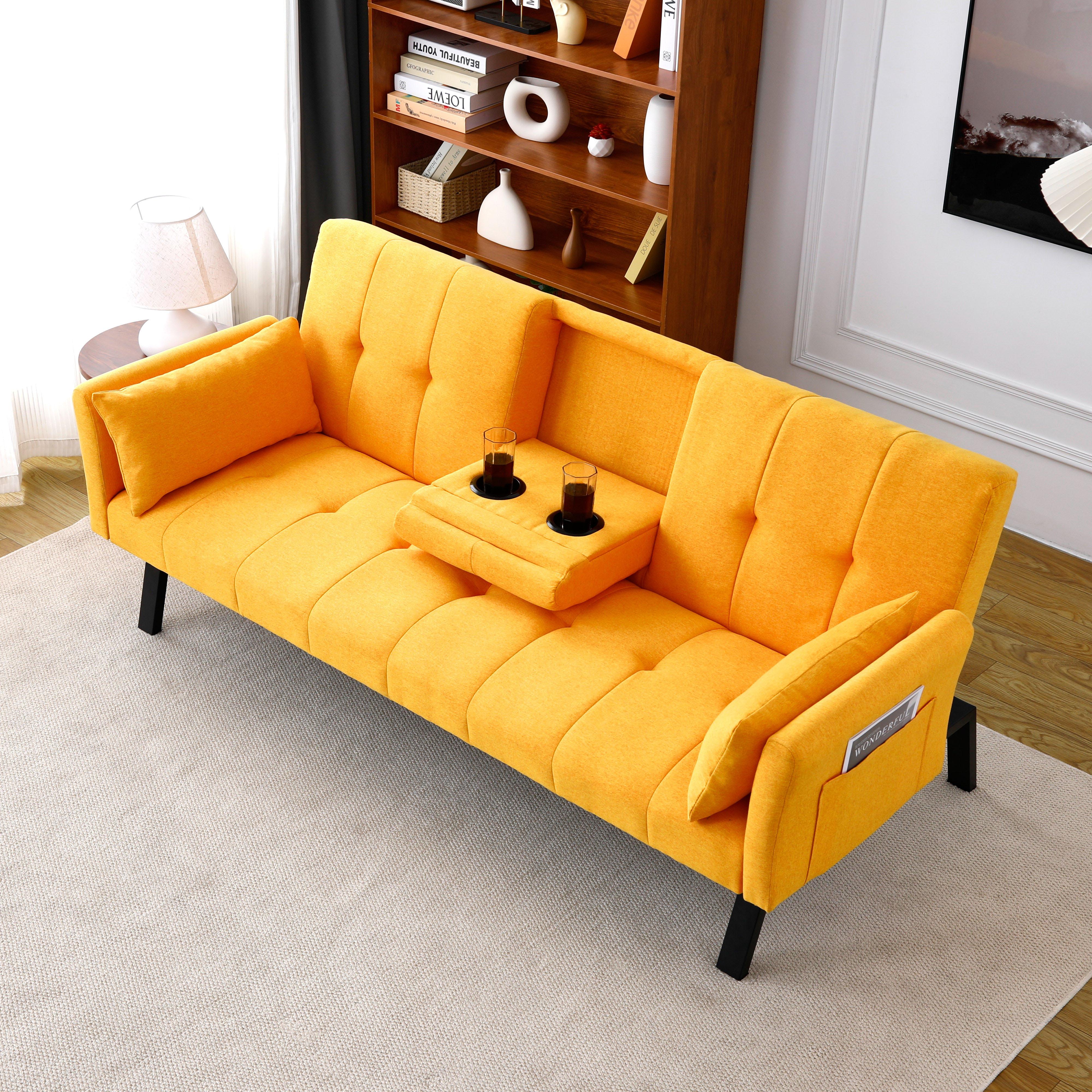 3 in 1 Futon Sofa Bed, Linen Fabric Couch Bed with Side Pocket, Convertible Sleeper Sofa with Dual Cup Holders & 2 Pillows, Adjustable Recliner Sofa for Living Room (Yellow)