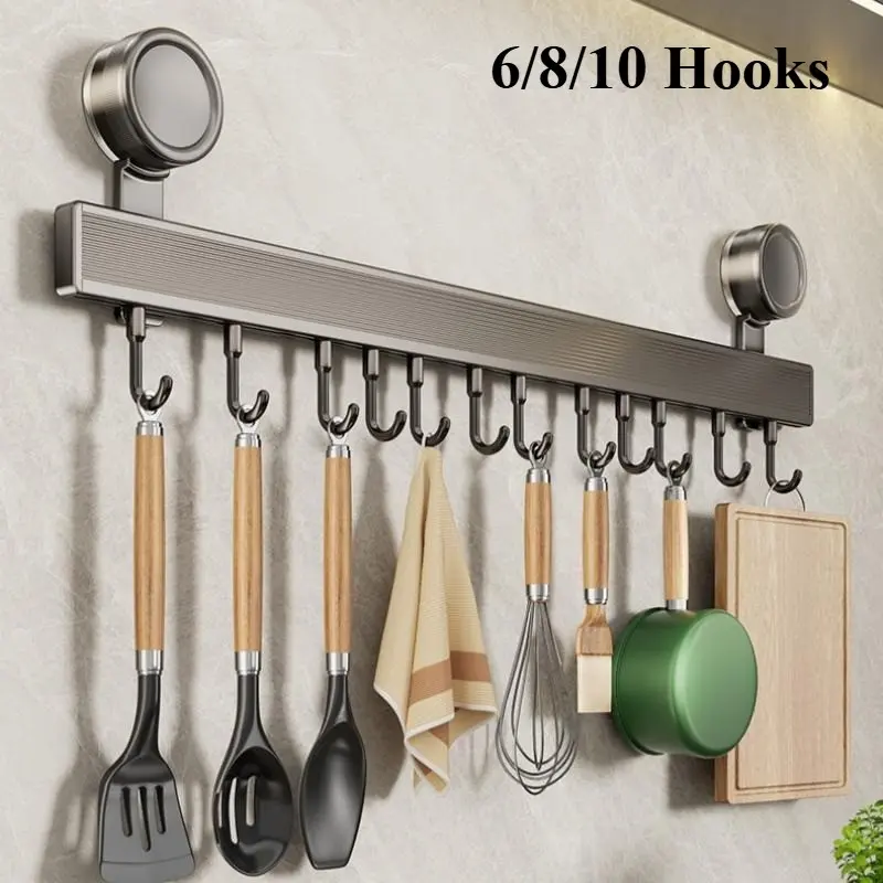 No Drill Suction Cup Kitchen Utensil Rack, Aluminum Wall Mount Hook Organizer, Space Saving Hanging Holder for Spoons, Towels and Tools, Modern Brushed Finish for Kitchen Bathroom Office, Wall Hooks
